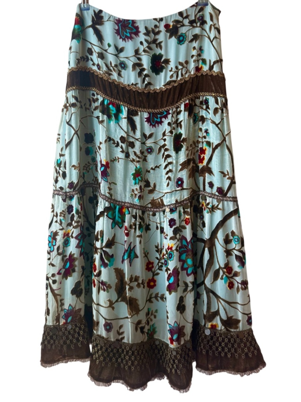 Brown and Turquoise Floral Velvet Boho Skirt Sz 6